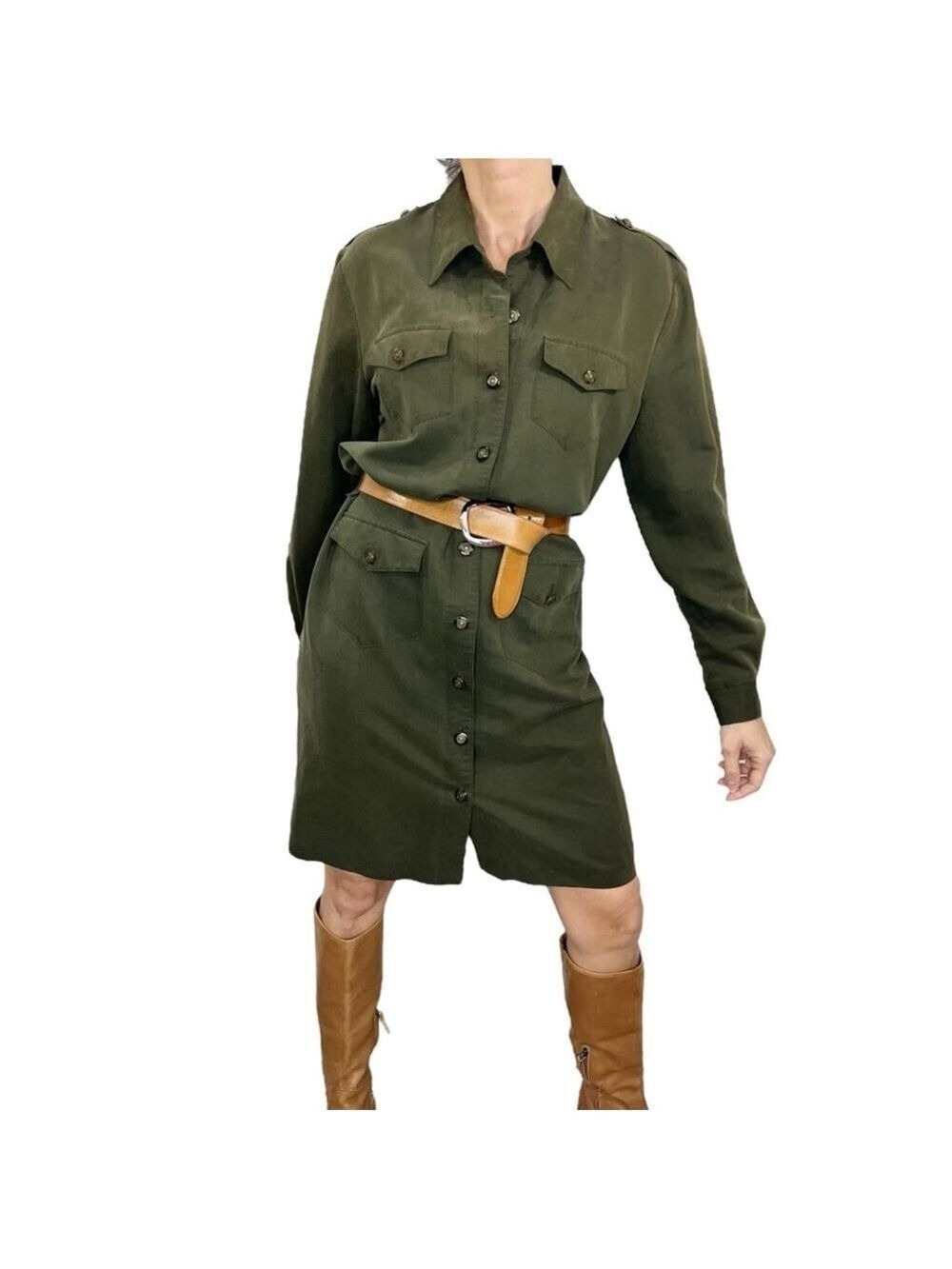 Vintage Volage Canada green military style long sleeve shift shirt dress 11